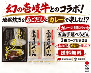 【ネコポス発送・送料無料】壱岐牛カレーつけ麺＆五島手延べうどん3束スープ付き2袋セット　【地獄焚きを楽しむ】の画像