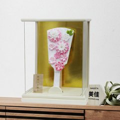 8号　つまみ細工羽子板 ホワイトアクリルケース飾りの画像
