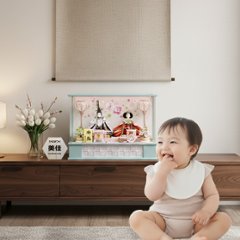 パステルブルーの雛人形親王アクリルケース飾りの画像