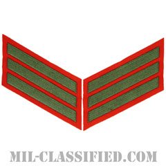 年功章 3連(勤続12年)（Service Stripe, Hash Mark）[グリーン・レッド/海兵隊サービスストライプ（ハッシュマーク）/Large（男性用）/パッチ/ペア（2枚1組）]の画像