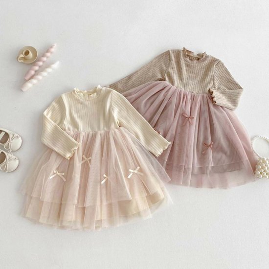 発表会などの特別なシーンでも！チュール付きワンピース・ドレス　リボン　シンプルデザインでお誕生日プレゼントにもおすすめサイズ80から120画像