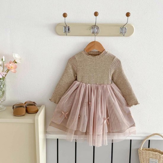 発表会などの特別なシーンでも！チュール付きワンピース・ドレス　リボン　シンプルデザインでお誕生日プレゼントにもおすすめサイズ80から120画像