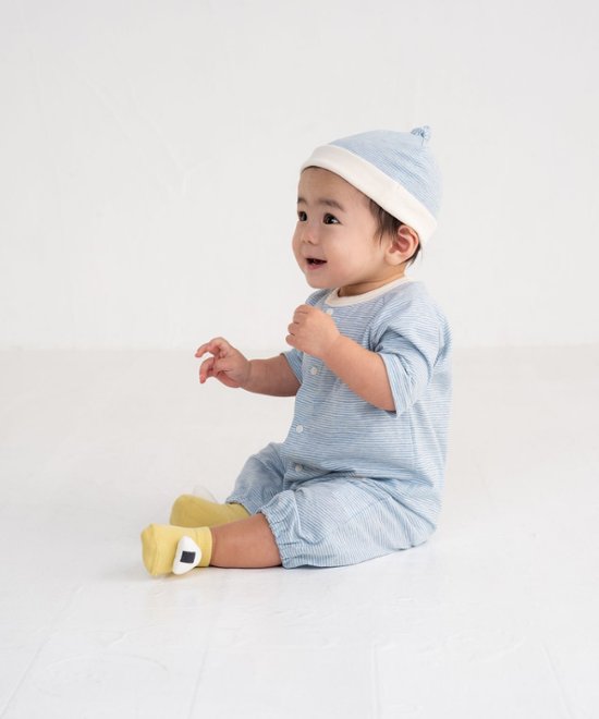 日本製ベビー服ブランド「スタンプル」春の赤ちゃん服入荷！ボーダー綿コットン100％2ウェイオールご出産祝い・ご出産準備に！50-70㎝ベビー用帽子、ベビー用カップ入り靴下ギフトも画像