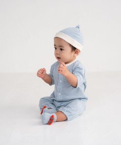 日本製ベビー服ブランド「スタンプル」春の赤ちゃん服入荷！ボーダー綿コットン100％2ウェイオールご出産祝い・ご出産準備に！50-70㎝ベビー用帽子、ベビー用カップ入り靴下ギフトも画像