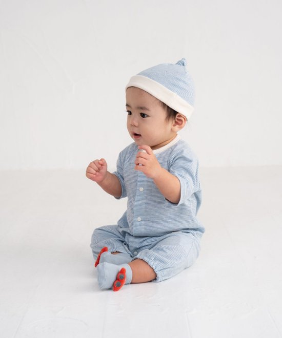 日本製ベビー服ブランド「スタンプル」春の赤ちゃん服入荷！ボーダー綿コットン100％2ウェイオールご出産祝い・ご出産準備に！50-70㎝ベビー用帽子、ベビー用カップ入り靴下ギフトも画像