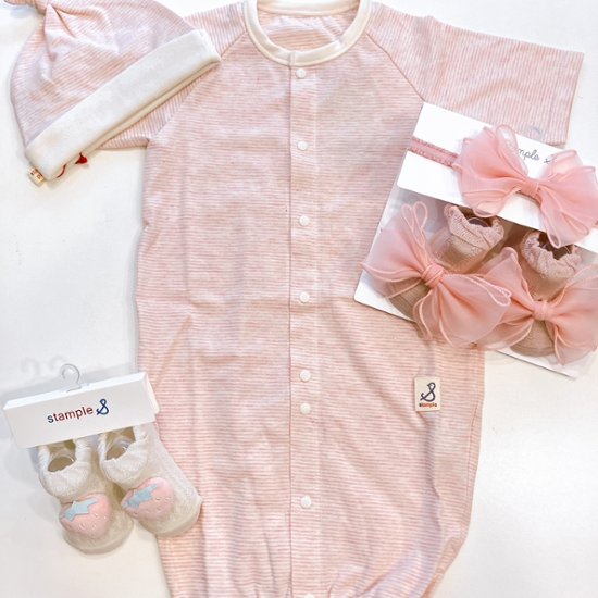 日本製ベビー服ブランド「スタンプル」春の赤ちゃん服入荷！ボーダー綿コットン100％2ウェイオールご出産祝い・ご出産準備に！50-70㎝ベビー用帽子、ベビー用カップ入り靴下ギフトも画像