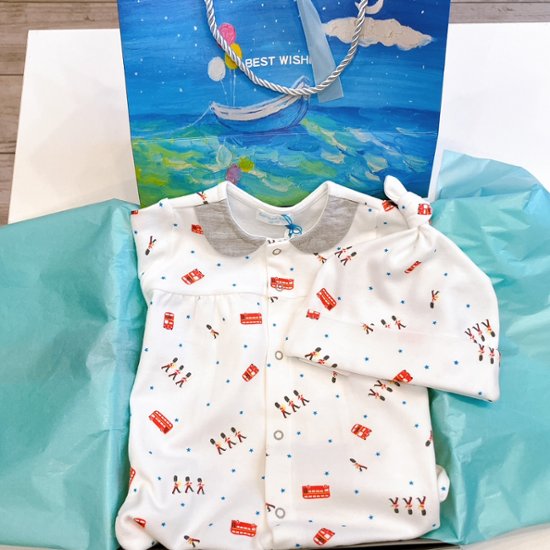 【ラッピング無料】出産祝いに人気｜日本製ベビー服2WAYオールギフト3点｜男の子赤ちゃんにも女の子ベビーにも【上質な贈り物】Boribonウーフ｜新生児から長く使えますロンドン画像
