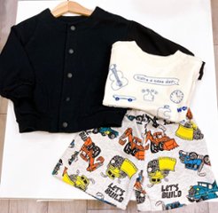 【80cm】1歳のお誕生日プレゼントにもおすすめ｜働く車柄パンツがかわいい！綿100％キッズ3点コーデセット 夏のおでかけ男の子3点セットおでかけコーデの画像