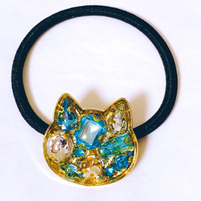 ビジュー猫ヘアゴム(ライトブルー)の画像