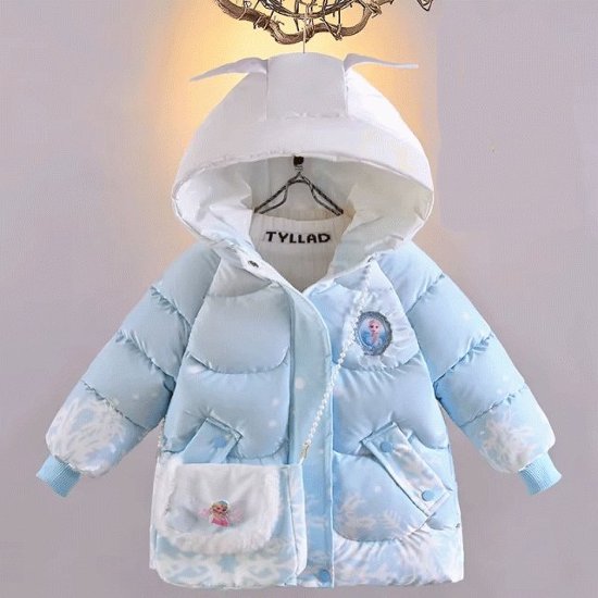 供服 こども キッズ 女の子 ダウンジャケット アナと雪の女王 エルザ フード付き 100-140cm ピンク ブルー2色 キュート 可愛い画像