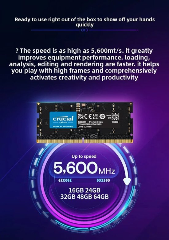 Crucial Micron DDR5 5600MHz ノートパソコン用メモリ 32GB 1.1v SO-DIMM 262pin RAMモジュール画像