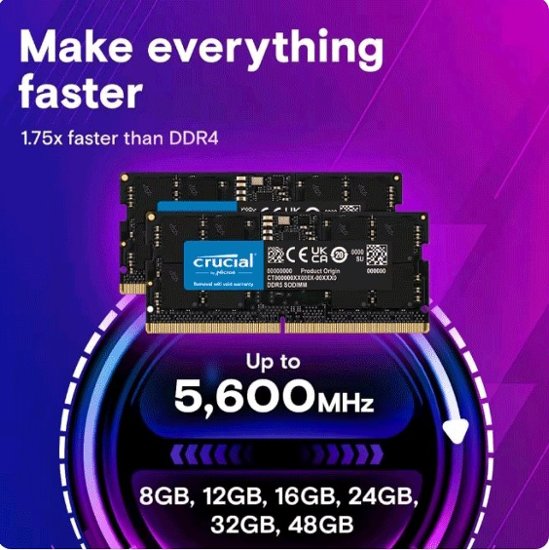 正規品 Crucial 64GB(32GBX2) Crucial Micron DDR5 5600MHz ノートパソコン用メモリ 262ピン SODIMM 1.1V RAMモジュール画像
