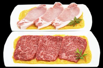 米沢牛 もも肉(50g×3枚)＆米澤豚一番育ち ロース(80g×3枚)※味噌漬け＆米沢牛入り(合挽)ハンバーグ(100g×3個) セット / 肉の上杉が厳選した逸品を「上杉アソート」にしました！の画像