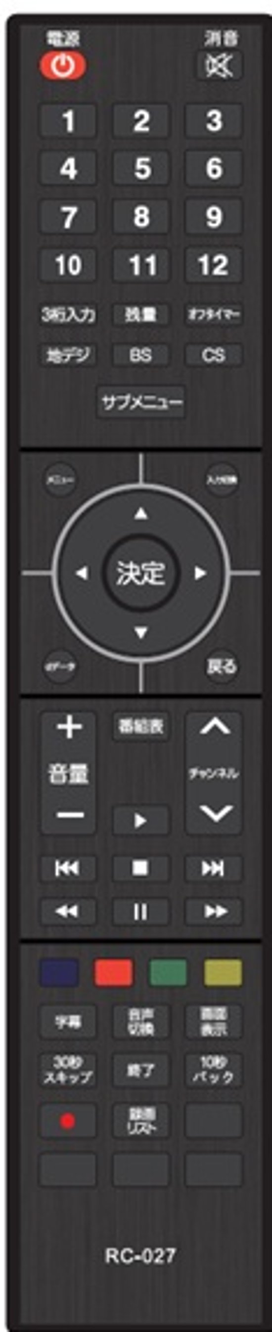 ユニテク純正テレビ用リモコン：RC-027画像