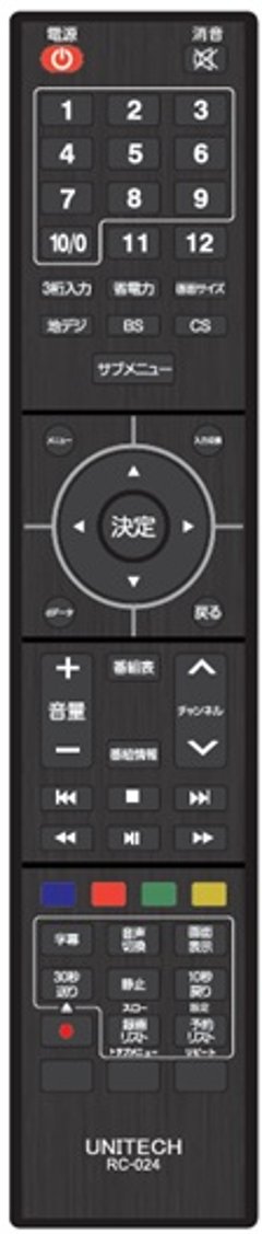 ユニテク純正テレビ用リモコン：RC-024の画像