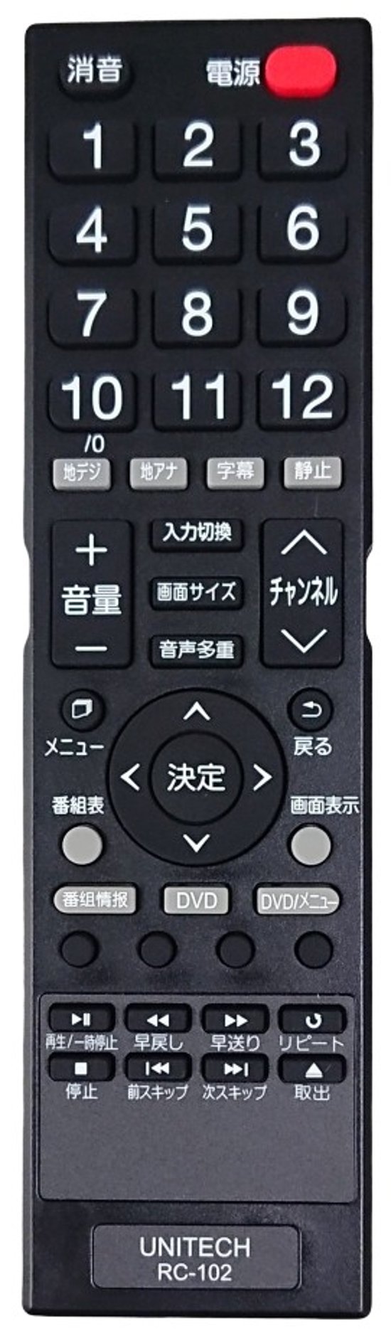 ユニテク純正テレビ用リモコン：RC-102画像