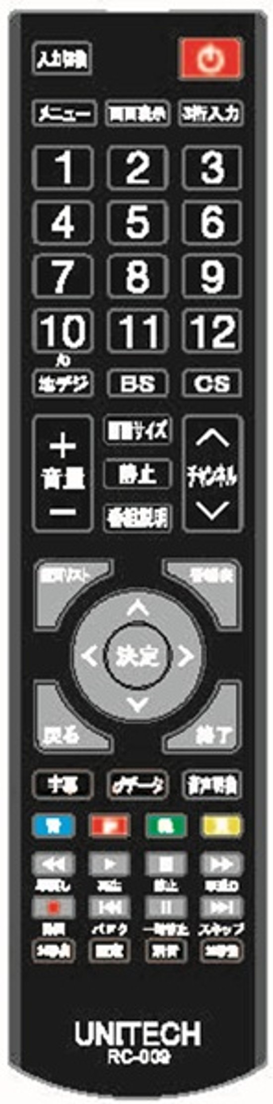 ユニテク純正テレビ用リモコン：RC-009画像