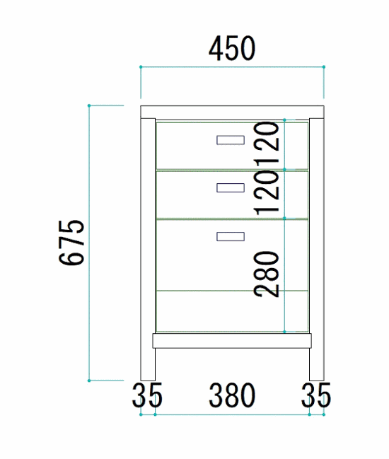 OLD ASHIBA（足場板古材）キャビネットＡタイプ 引き出し付き（3段） 幅450ｍｍ×奥行450ｍｍ×高さ675ｍｍ 【受注生産】画像