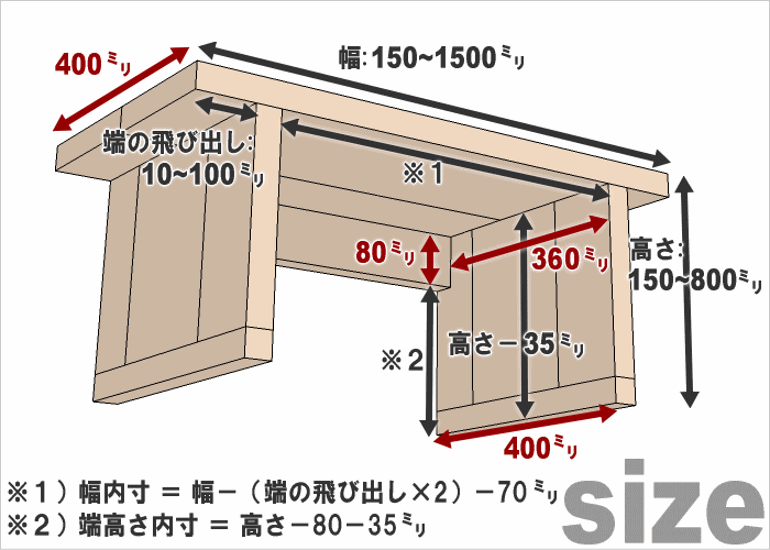 OLD ASHIBA ベンチシェルフ Ａタイプ（両端の飛び出し10〜100ｍｍから指定可）【セミオーダーサイズ】 幅1360〜1500ｍｍ×高さ510〜600ｍｍ×奥行400ｍｍ 〈受注生産〉画像