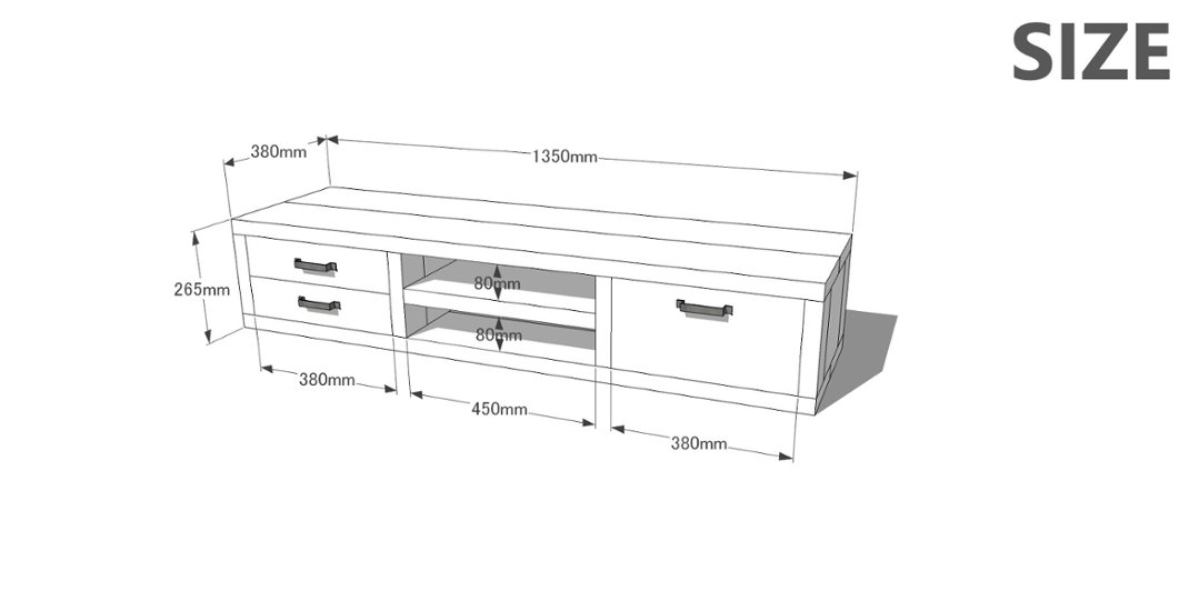 OLD ASHIBA ＤタイプＴＶボード（引き出し左２個、右１個/中棚あり） 幅1350ｍｍ×奥行380ｍｍ×高さ265ｍｍ with LEGS（高さ100〜300ｍｍ）【受注生産】画像