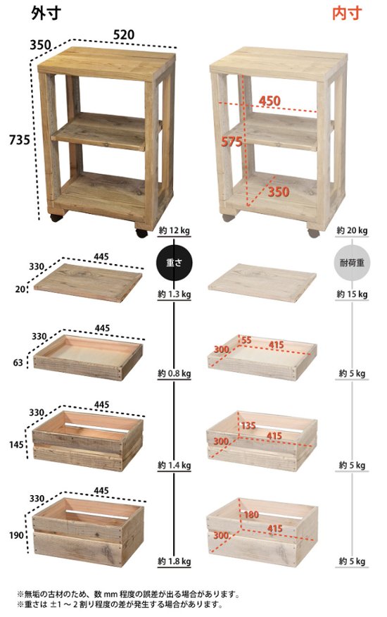 OLD ASHIBA（足場板古材）キッチンワゴン Eタイプ 完成品 幅520×奥行350×高さ735ｍｍ  ●可動棚１枚/キャスター付き 【受注生産】画像