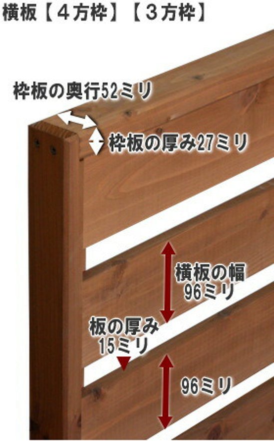 枠付きフェンス：横板Ｃ（隙間15ミリ）◇国産杉【３方枠】 幅1510〜1600ｍｍ×高さ1150ｍｍ＋ゴム脚10ｍｍ×奥行52ｍｍ ●ゴム脚付け加工あり [受注生産]画像