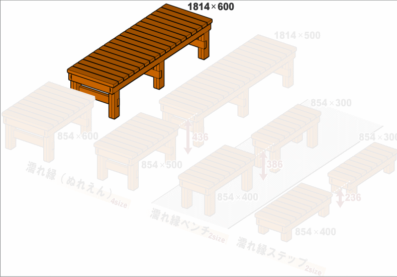 規格型 ウッドデッキ風 縁台 /板幅86ｍｍ◇国産杉 間口1814ｍｍ×奥行600ｍｍ×高さ436ｍｍ（高さ指定は132〜436ｍｍまで対応可） ※座板２分割　脚３組（６本）　【縁台】 [受注生産]画像