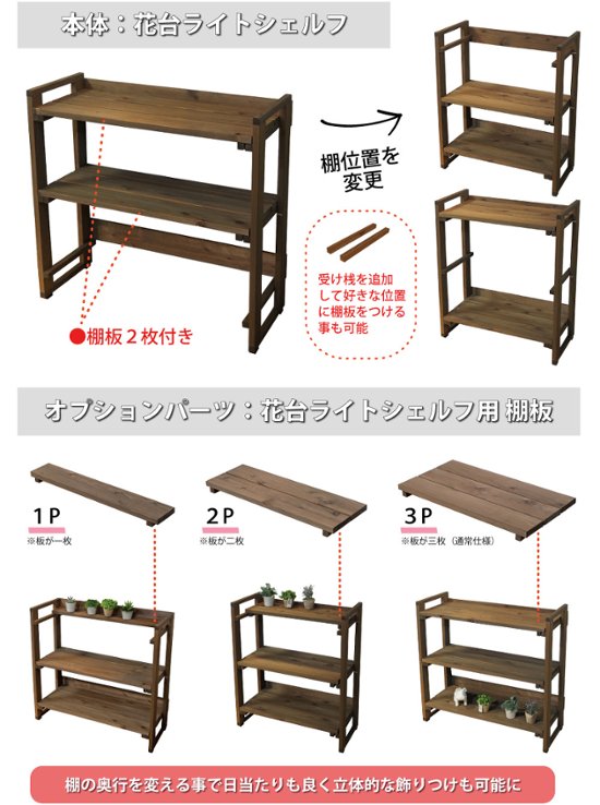 花台ライトシェルフ 【幅60cmタイプ】 幅642×奥行310+10×高さ750+10ｍｍ ●棚板2枚/ゴム脚付き 【受注生産】画像