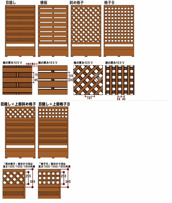 規格型プランター付きフェンス（セミオーダー） （目隠し/横板/斜め格子/格子Ｂなど計6種から） 【フェンス＋プランター】 高さ1500ｍｍ×幅500〜600ｍｍ×奥行336ｍｍ 〈受注生産〉画像