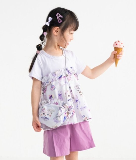 nino「ねこプリント切り替えTシャツ」(90-140cm) 【メール便送料無料】画像