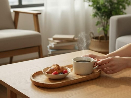 北欧風ブレックファースト＆コーヒートレイ　　ミニマル楕円形 | カップ安定木製サービング　木製コーヒーサービングボードボード　　　の画像