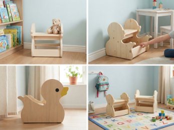 【白アヒルの木製踏み台】 2段 子供用 ステップ 踏み台 ローチェア ニュージーランドパイン 無垢材 オスモオイル仕上げ F☆☆☆☆ [手洗い/トイレトレーニング/お受験/ギフト]の画像