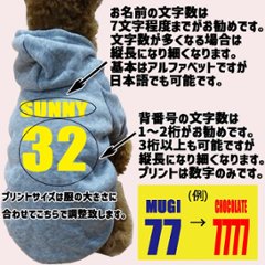 超大型犬対応！ 愛犬の名入れが出来る　背番号タイプ　裏起毛ポリエステルパーカー 背番号 ユニフォーム風 犬服　ドッグウェア名前入れ画像