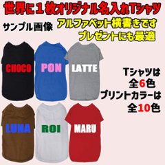 愛犬の名入れが出来る ローマ字横書きアルファベットタイプ 犬用Tシャツ 名前入り犬服  超小型犬〜大型犬 プリントカラーは10色　お名前だけで作れます画像