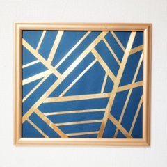 【送料無料】一点物×現代アート×不規則模様×抽象画×テープアート×ゴールドテープ×抽象画青×抽象画金×フレームつき画像