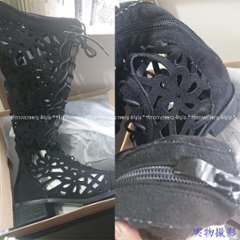 サマーブーツ レディース 22.5-25cm 黒 花柄パンチング シースルー 穴開き ロングブーツ 予約 春ブーツ 夏ブーツ ブーツ 217726 透け編み レースアップ ローヒール画像