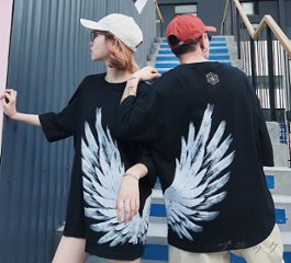 ペアルック カップル ペアTシャツ 即納 ペア カップル 半袖Ｔシャツ 切り替え 体型カバー 着痩せ 羽根柄 大きいサイズ 男女兼用 ユニセックス 黒 白 S-3XL 215603  画像