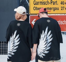 ペアルック カップル ペアTシャツ 即納 ペア カップル 半袖Ｔシャツ 切り替え 体型カバー 着痩せ 羽根柄 大きいサイズ 男女兼用 ユニセックス 黒 白 S-3XL 215603  画像