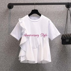 フリル トップス 白 SL 即納 黒 S-3XL予約Ｔシャツ レディース アシンメトリー 半袖 切り替え 2275186 体型カバー 着痩せ 無地 sweet系  画像