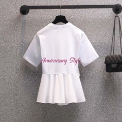 フリル トップス 白 SL 即納 黒 S-3XL予約Ｔシャツ レディース アシンメトリー 半袖 切り替え 2275186 体型カバー 着痩せ 無地 sweet系  画像