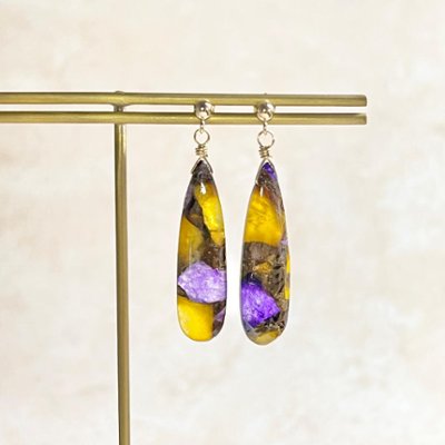「秋の風」ロングペアシェイプのイヤリング/ピアス　イエローパープルコッパー 14kgfの画像