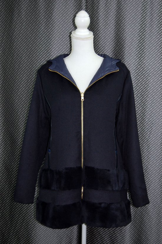 レッキスファー使い　ウール混＆ダウンリバーシブルフーディーコート画像