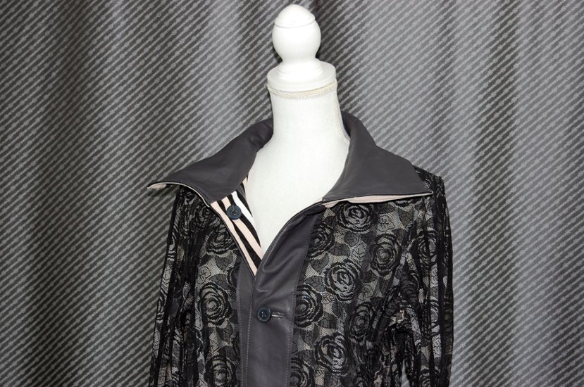 ラムレザー＆レース　リバーシブルロングジャケット画像