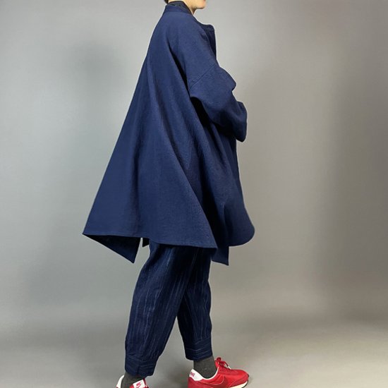 【備後絣】藍染め　ロングフレアーシャツ　濃紺スラブ 再入荷画像