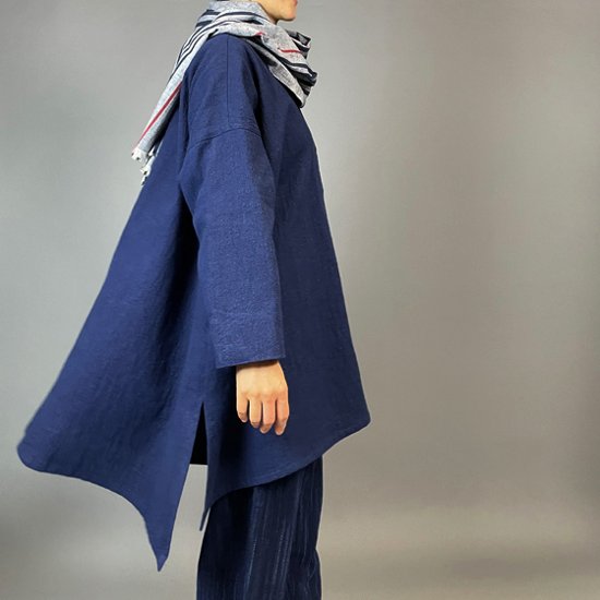 【備後絣】藍染め　ロングフレアーシャツ　濃紺スラブ 再入荷画像