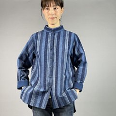 【備後絣】スタンドカラーシャツ　藍染め　絣(かすり)No.30 　の画像