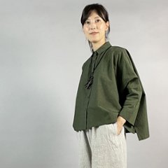 【亀田縞】ワイドシャツ　八分袖　モスグリーンの画像