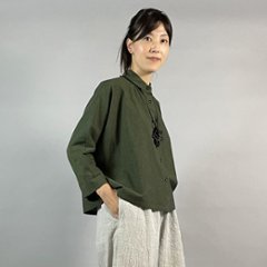 【亀田縞】ワイドシャツ　八分袖　モスグリーン画像