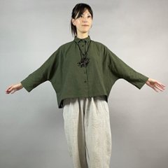 【亀田縞】ワイドシャツ　八分袖　モスグリーン画像