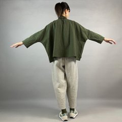 【亀田縞】ワイドシャツ　八分袖　モスグリーン画像